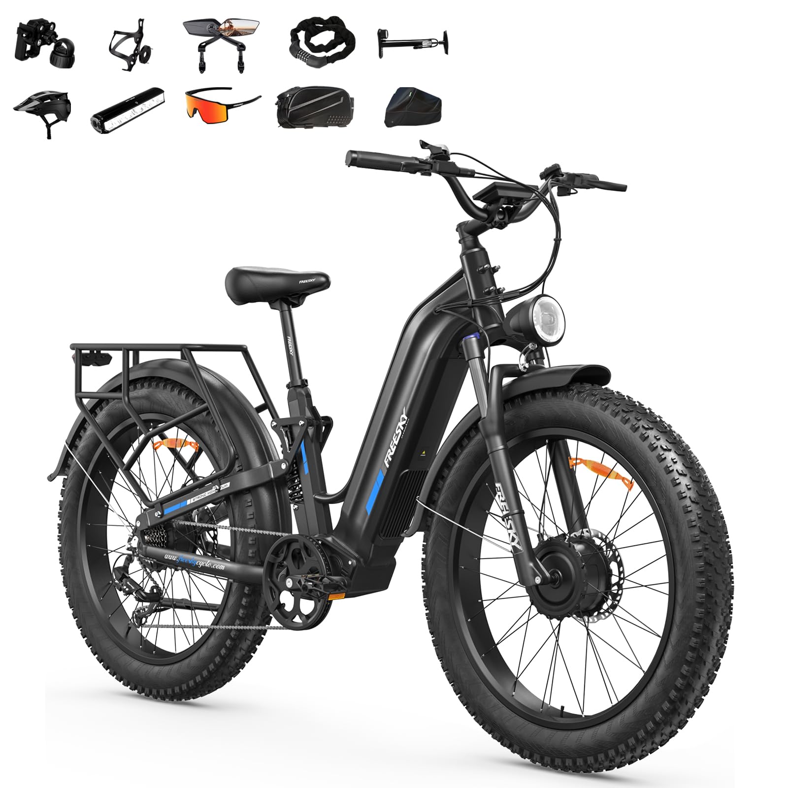 FREESKY Ranger Air Dual Motor Electric Bike for Adults 200Nm Fast Ebike 105Miles Long Range Electric Mountain Bike,48V 25Ah Battery, 26" Fat Tyre E Bike with Hydraulic Brake Electric Bicycle for Adult