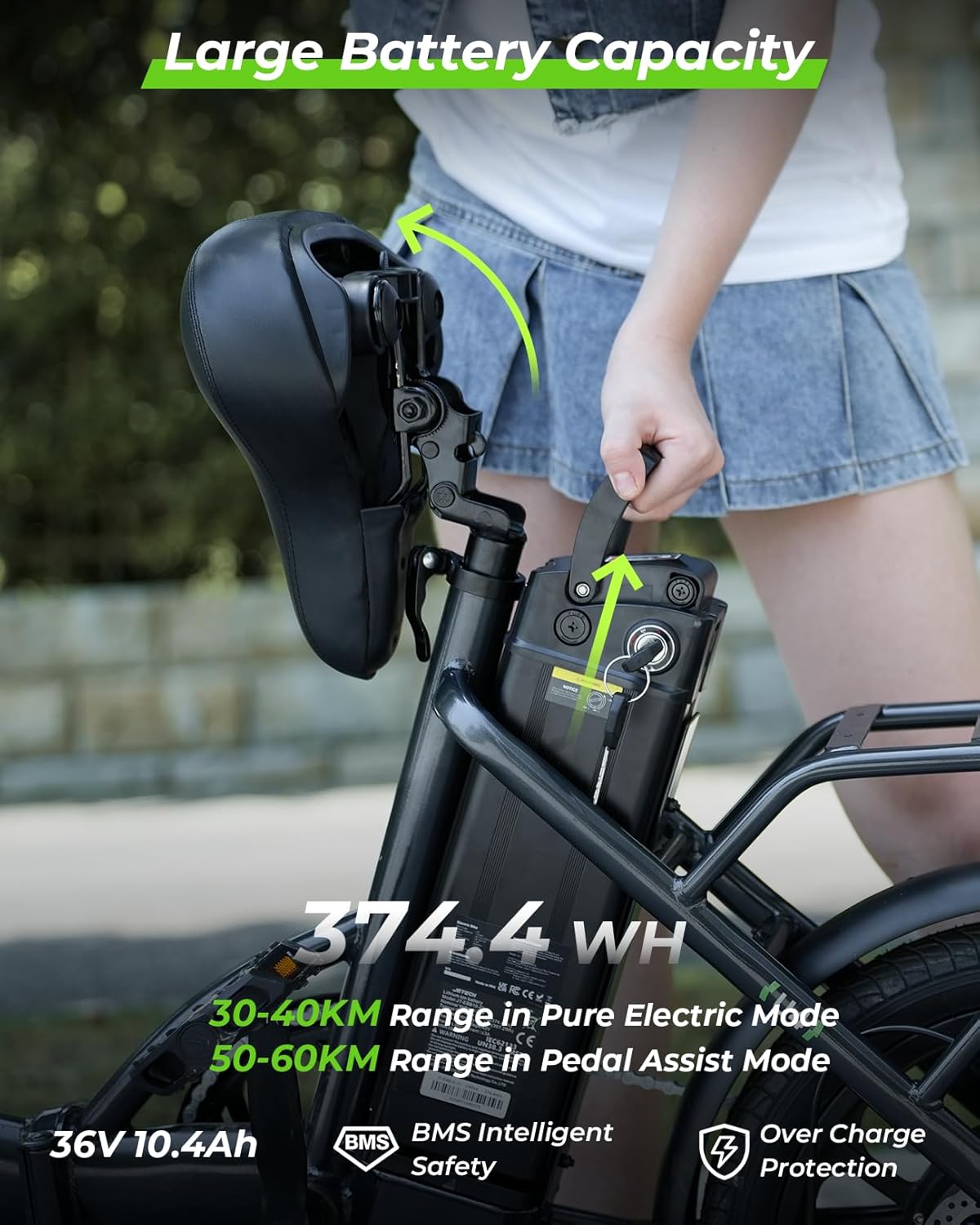 Finbike U4 Electric Bike, 16" Portable Electric Bicycle with Removable Battery, 60KM Max Range, 3 Riding Modes, Front Shock Absorber, Foldable E-bike for Adults/Teens