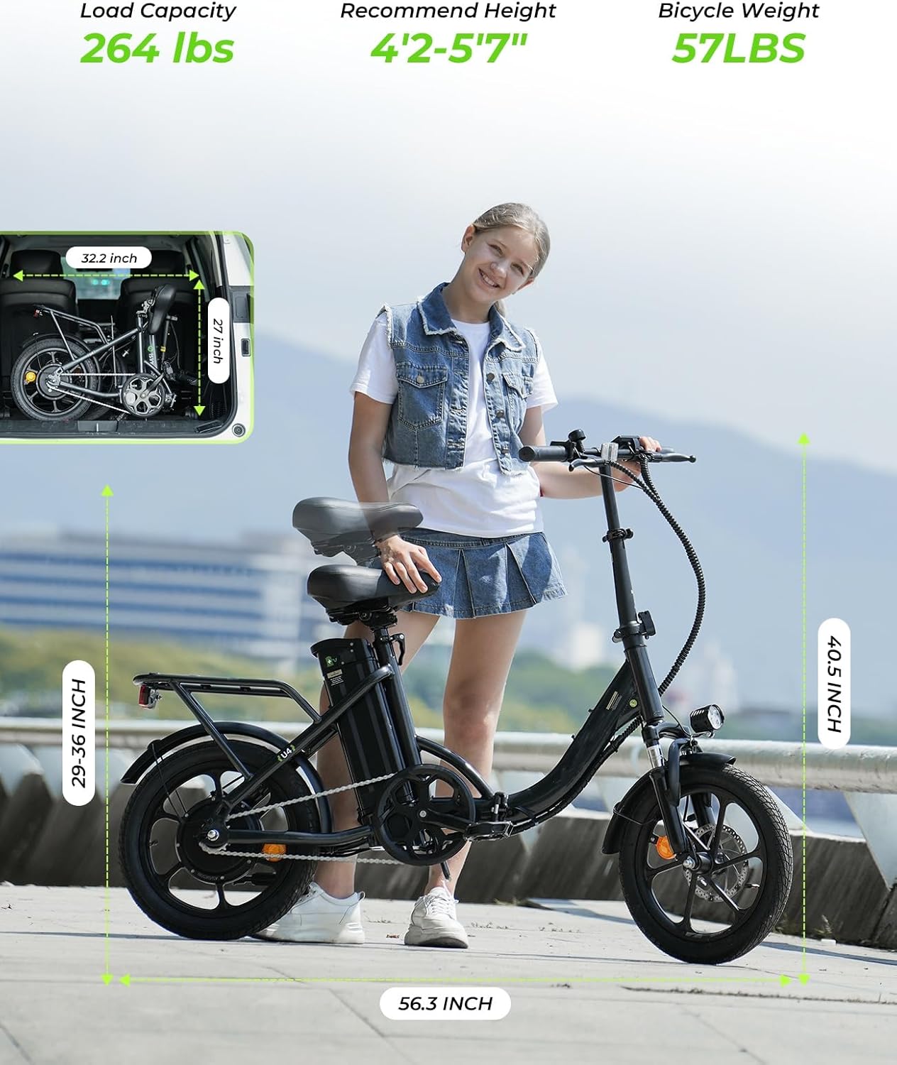 Finbike U4 Electric Bike, 16" Portable Electric Bicycle with Removable Battery, 60KM Max Range, 3 Riding Modes, Front Shock Absorber, Foldable E-bike for Adults/Teens