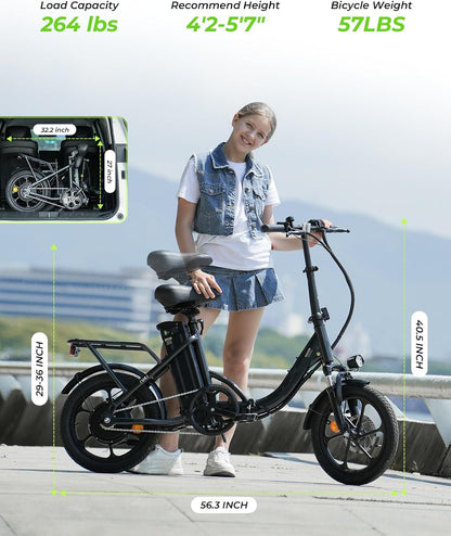 Finbike U4 Electric Bike, 16" Portable Electric Bicycle with Removable Battery, 60KM Max Range, 3 Riding Modes, Front Shock Absorber, Foldable E-bike for Adults/Teens