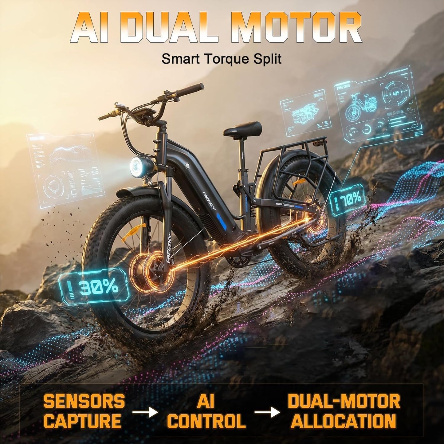 FREESKY Ranger Air Dual Motor Electric Bike for Adults 200Nm Fast Ebike 105Miles Long Range Electric Mountain Bike,48V 25Ah Battery, 26" Fat Tyre E Bike with Hydraulic Brake Electric Bicycle for Adult