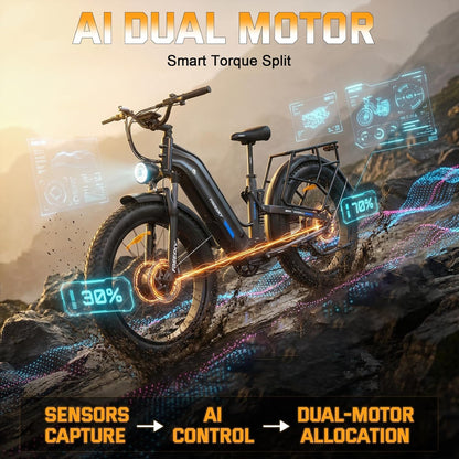 FREESKY Ranger Air Dual Motor Electric Bike for Adults 200Nm Fast Ebike 105Miles Long Range Electric Mountain Bike,48V 25Ah Battery, 26" Fat Tyre E Bike with Hydraulic Brake Electric Bicycle for Adult