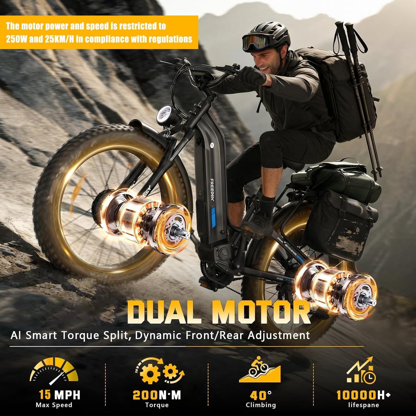 FREESKY Ranger Air Dual Motor Electric Bike for Adults 200Nm Fast Ebike 105Miles Long Range Electric Mountain Bike,48V 25Ah Battery, 26" Fat Tyre E Bike with Hydraulic Brake Electric Bicycle for Adult